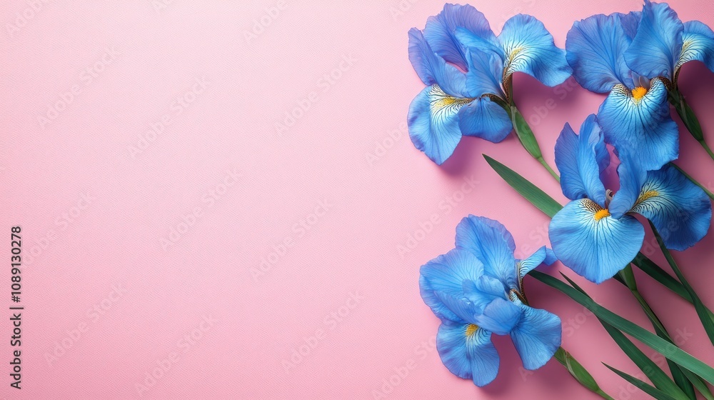 Obraz premium Vibrant blue iris flowers on a soft pink background with plenty of empty space for text or design, creating a minimalist and elegant aesthetic