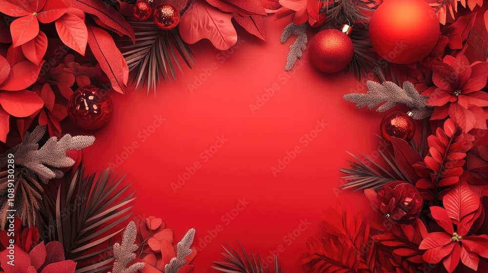 Lush red floral and foliage border with ornaments creating a vibrant festive background for holiday celebrations and seasonal events. Lush red floral and foliage border with ornaments creating a vibrant festive background for holiday celebrations and seasonal events.