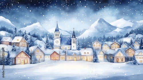 Wallpaper Mural Winter Wonderland: Serene Small Mountain Town Covered in Snow with Colorful Buildings, Church, and Festive Lights Torontodigital.ca