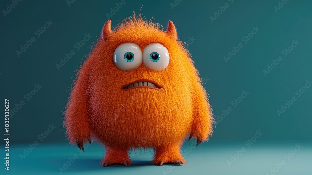 Furry orange monster character with large blue eyes and small horns in a 3D design against a teal background, showcasing a playful and whimsical appearance.
