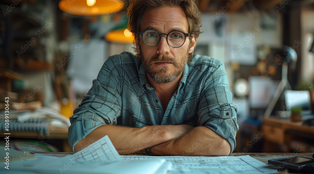 Portrait of a young architect working in an office. Portrait of a young architect working in an office.