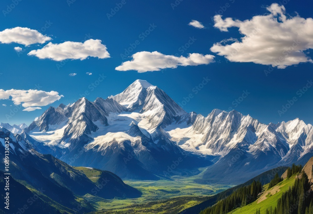 Fototapeta premium breathtaking panoramic views showcasing majestic serene mountain landscapes clear blue skies vibrant greenery, panorama, scenery, nature, peak, summit