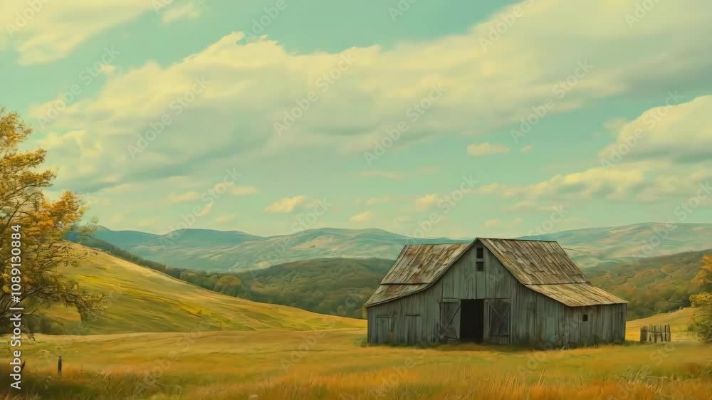 Vast American Field Landscape with Old Wooden Barn under Dramatic Sky new beautiful stock video footage animation AI Vast American Field Landscape with Old Wooden Barn under Dramatic Sky new beautiful stock video footage animation AI