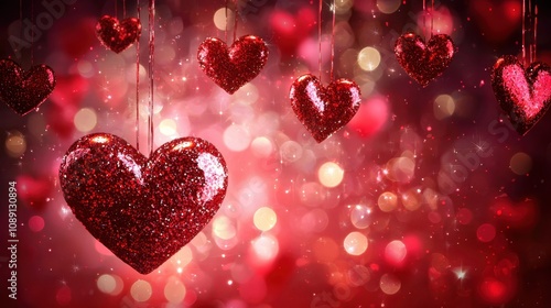 Shimmering Red Hearts Hanging Against a Sparkling Background Perfect for Celebrating Love, Romance, and Special Occasions in an Enchanting Atmosphere