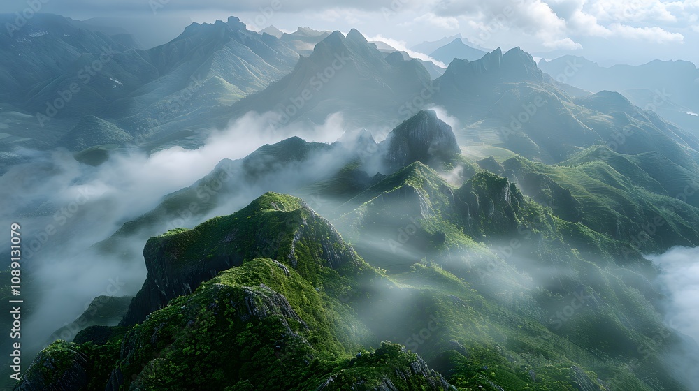 The photo showcases a dramatic mountain ridge shrouded in mist, with jagged peaks breaking through low-lying clouds and a lush valley below. Photography, National Geographic Style, spectacular backdro The photo showcases a dramatic mountain ridge shrouded in mist, with jagged peaks breaking through low-lying clouds and a lush valley below. Photography, National Geographic Style, spectacular backdro