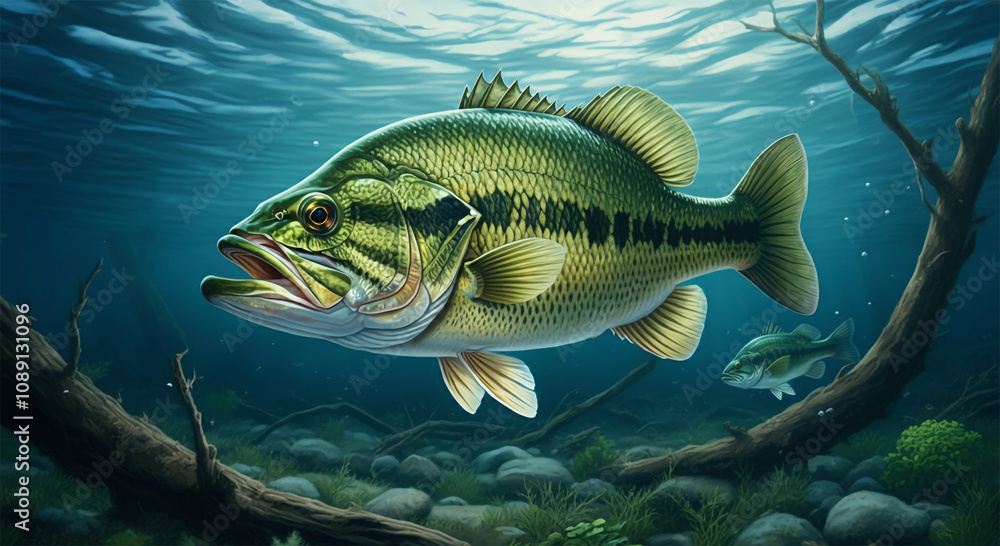 Large Mouth Bass Fish in the Water, Stream or River, Isolated Nature Wildlife Fishing Angler Illustration Large Mouth Bass Fish in the Water, Stream or River, Isolated Nature Wildlife Fishing Angler Illustration