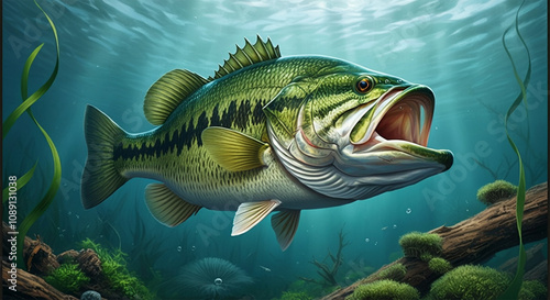 Large Mouth Bass Fish in the Water, Stream or River, Isolated Nature Wildlife Fishing Angler Illustration