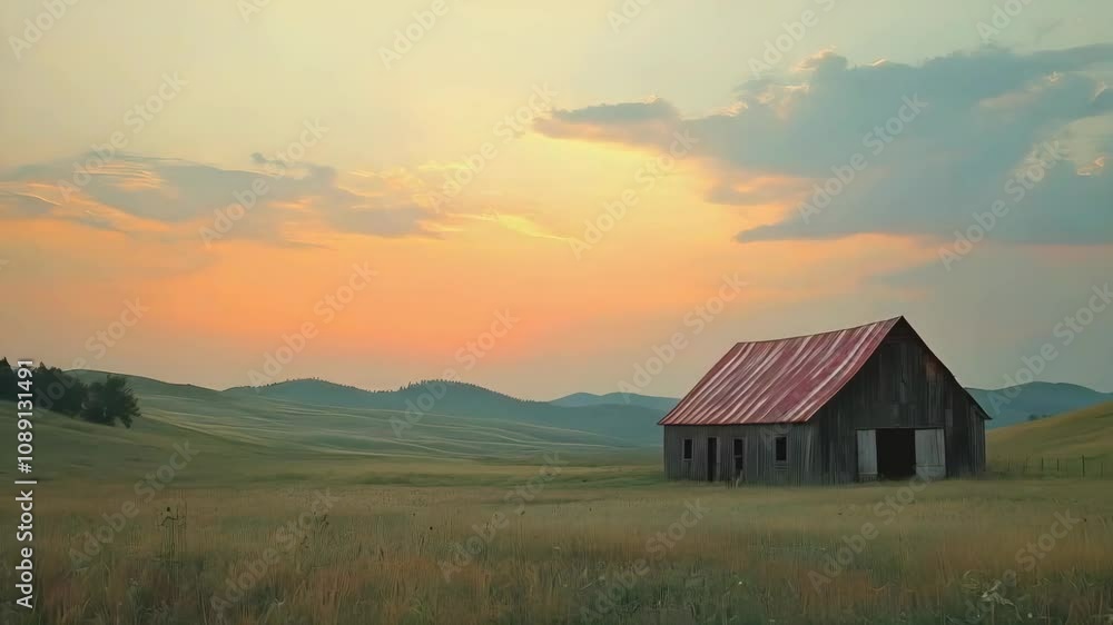 Vast American Field Landscape with Old Wooden Barn under Dramatic Sky new beautiful stock video footage animation AI Vast American Field Landscape with Old Wooden Barn under Dramatic Sky new beautiful stock video footage animation AI
