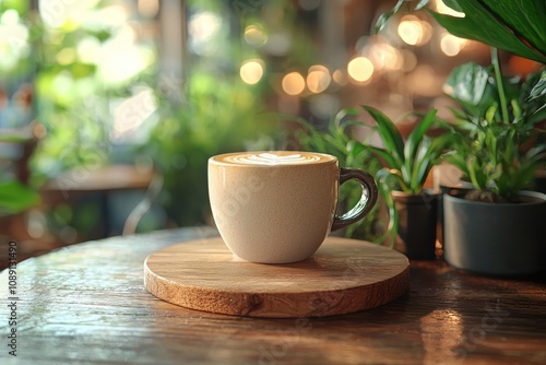 A cozy coffee cup on a wooden table surrounded by lush greenery and soft lighting, creating a tranquil atmosphere.