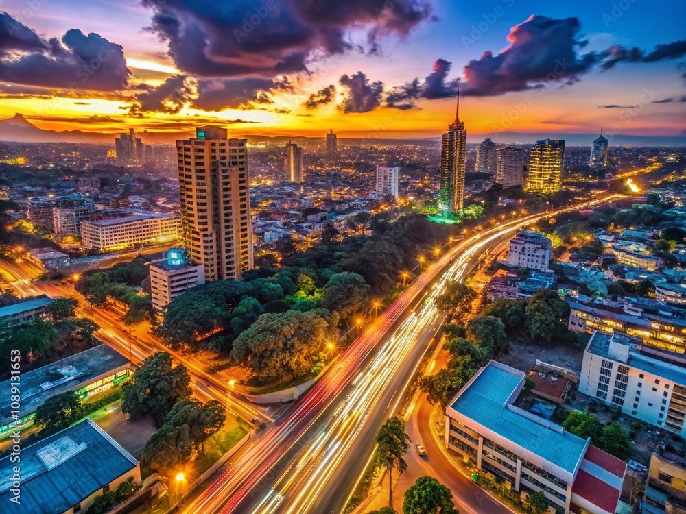 Obraz premium Captivating Dusk Traffic Scene in Nairobi: A Vibrant Urban Landscape Showcasing the Energy and Movement of City Life at Twilight with Stunning Light Reflections and Car Trails