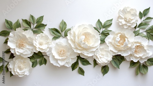 Elegant white peony flowers with lush green leaves arranged as a stunning floral backdrop perfect for weddings, events, or decorative purposes.