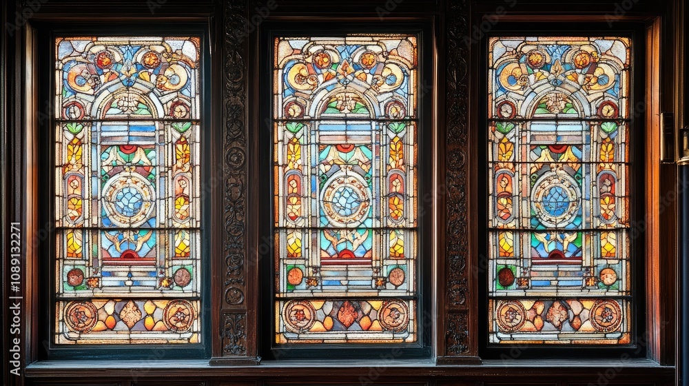 Intricate stained glass windows with colorful designs set against ornate woodwork in a historic architectural interior. Intricate stained glass windows with colorful designs set against ornate woodwork in a historic architectural interior.