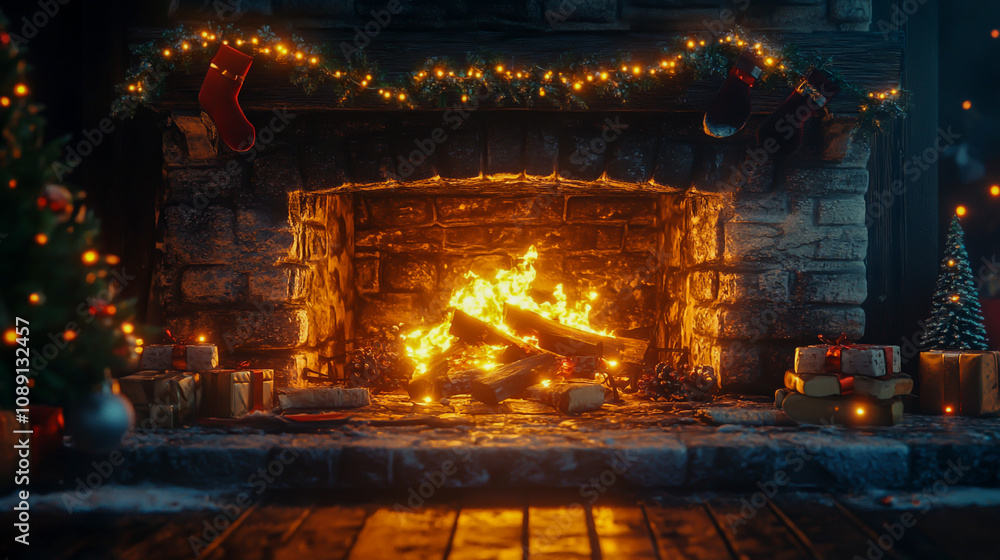 Realistic photo of an open fireplace with burning firewood, dark room, Christmas lights, cinematic, epic, photorealistic, volumetric lighting, high resolution, highly detailed. Realistic photo of an open fireplace with burning firewood, dark room, Christmas lights, cinematic, epic, photorealistic, volumetric lighting, high resolution, highly detailed.