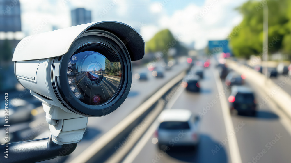 CCTV camera overseeing a bustling urban road, reflecting cars and infrastructure in its lens for efficient monitoring CCTV camera overseeing a bustling urban road, reflecting cars and infrastructure in its lens for efficient monitoring