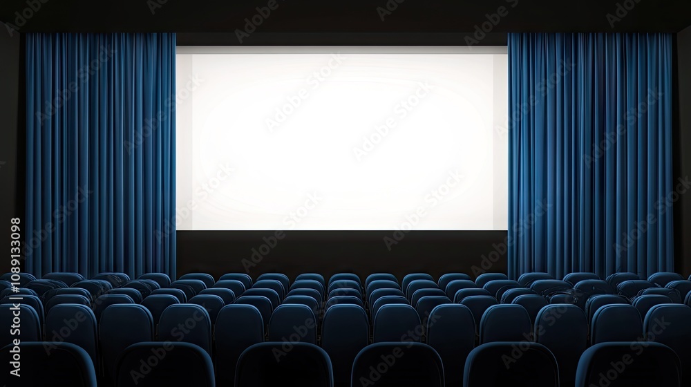 Obraz premium Luxurious theater setting with blue velvet curtains framing a large screen, capturing the essence of performance magic.