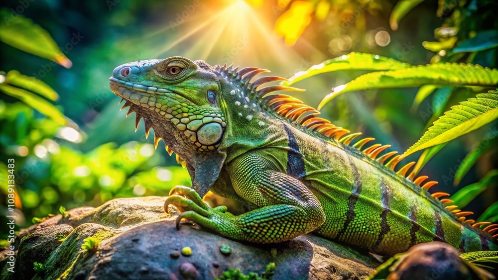 Captivating Green Iguana Amidst Lush Zoo Landscape, Showcasing the Beauty of Nature and Wildlife in a Serene Habitat Setting Captivating Green Iguana Amidst Lush Zoo Landscape, Showcasing the Beauty of Nature and Wildlife in a Serene Habitat Setting