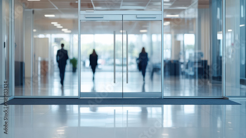 A modern office entrance with glass doors, showcasing blurred silhouettes of people walking in, conveying a sense of professionalism and collaboration.