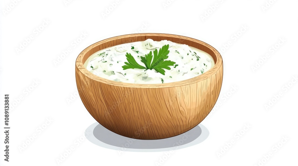 Creamy tzatziki sauce garnished with fresh herbs in a rustic wooden bowl on a clean white background Creamy tzatziki sauce garnished with fresh herbs in a rustic wooden bowl on a clean white background