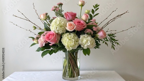 Fototapeta Naklejka Na Ścianę i Meble -  Elegant floral arrangement with long-stemmed roses peonies and hydrangeas, elegant wedding, greenery, foliage