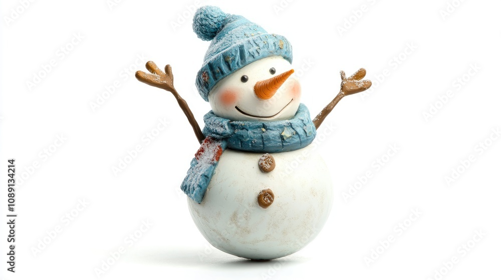Cheerful snowman wearing a blue hat and scarf, raising arms in a festive pose against a bright white background, embodying holiday spirit. Cheerful snowman wearing a blue hat and scarf, raising arms in a festive pose against a bright white background, embodying holiday spirit.