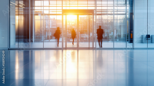 A serene sunset illuminates a modern building's entrance, with silhouettes of three people walking towards the glow.