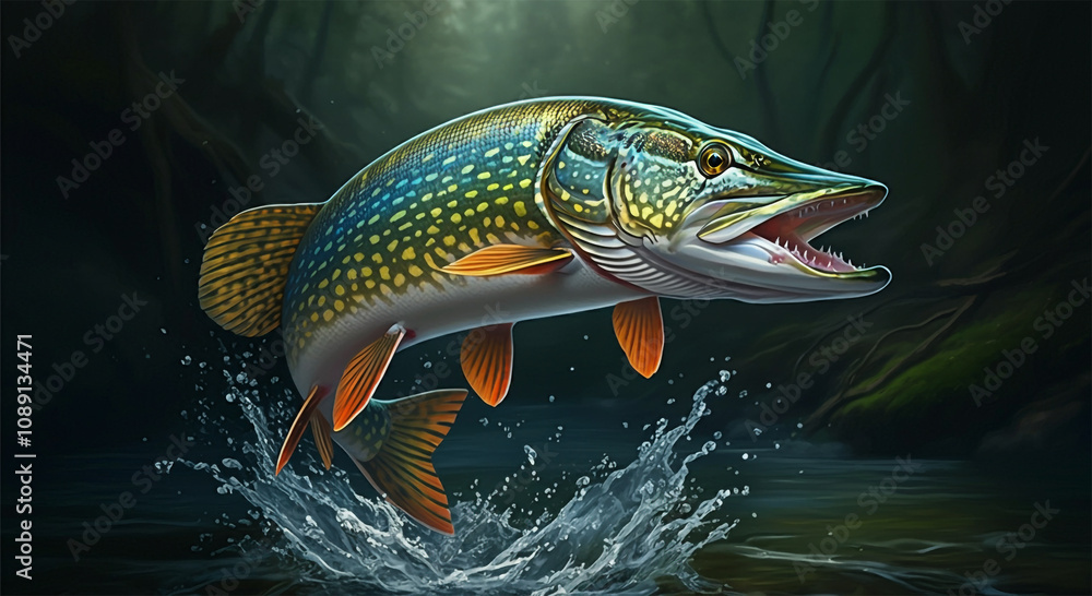 Fototapeta premium Northern Pike Fish in the Water, Stream or River, Isolated Nature Wildlife Fishing Angler Illustration