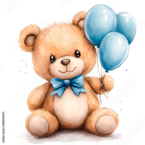 Cute watercolor newborn baby boy bear with balloons isolated on transparent background