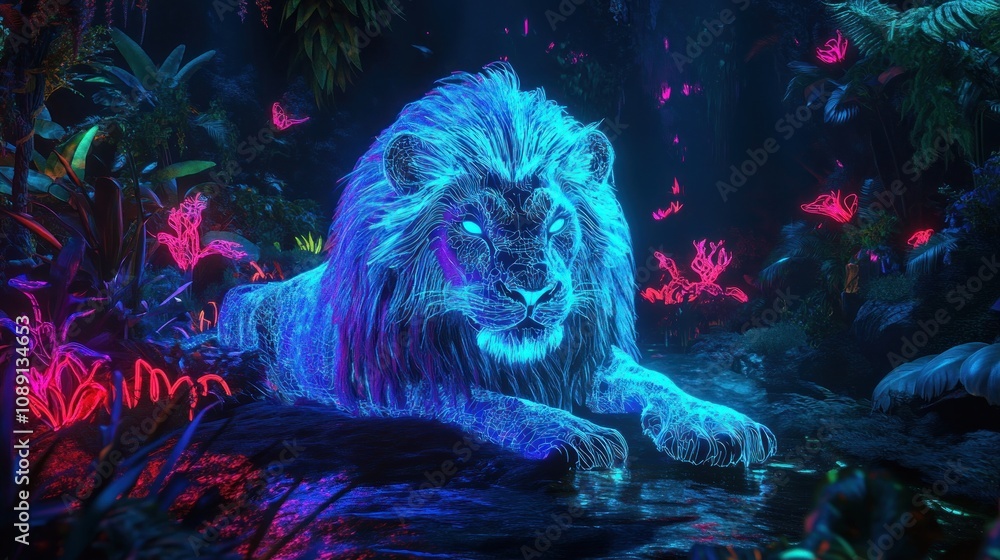 Neon Lion in Enchanted Forest Neon Lion in Enchanted Forest