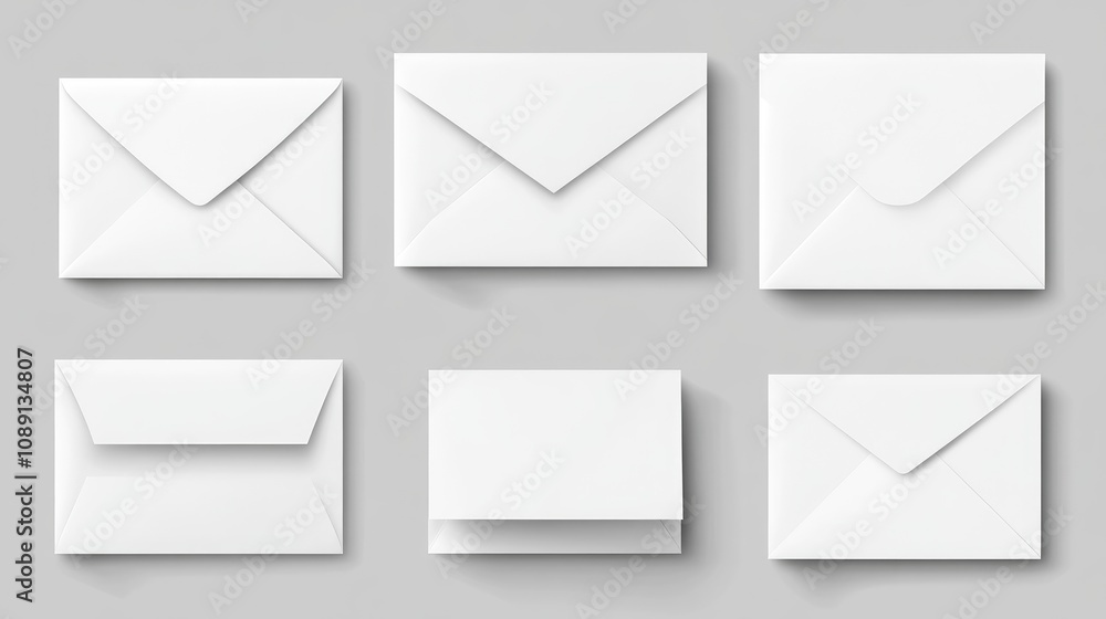 Collection of various white square envelopes with pointed and flat flaps arranged on a gray background, showcasing a clean and minimalistic design. Collection of various white square envelopes with pointed and flat flaps arranged on a gray background, showcasing a clean and minimalistic design.