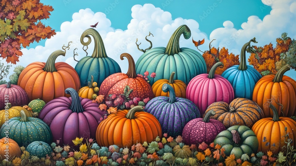 Vibrant assortment of uniquely shaped pumpkins in various colors surrounded by autumn leaves, capturing the essence of the harvest season. Vibrant assortment of uniquely shaped pumpkins in various colors surrounded by autumn leaves, capturing the essence of the harvest season.
