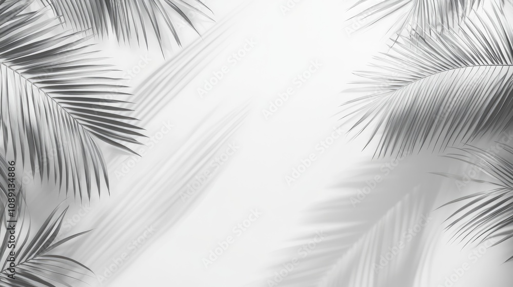 Obraz premium Palm leaf shadows cast on a white wall, creating a soft, abstract background with dappled light and a serene nature-inspired aesthetic.