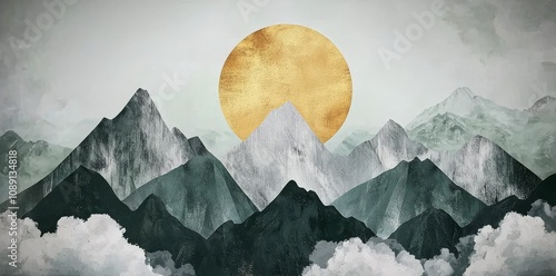 The background of this wallpaper is a light gray background with white clouds, and the mountains are black, golden, and gray with clouds hanging above them and the sun shining above them. photo