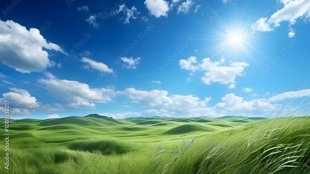 Obraz premium Grassy landscape with small hills shining blu sky with cloud