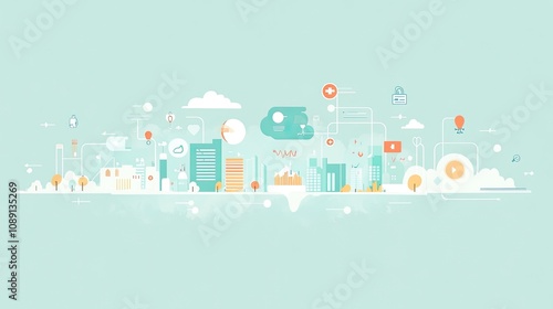 Smart healthcare network in flat style, connecting wearable devices, hospital systems, and cloud analytics in a calming color scheme