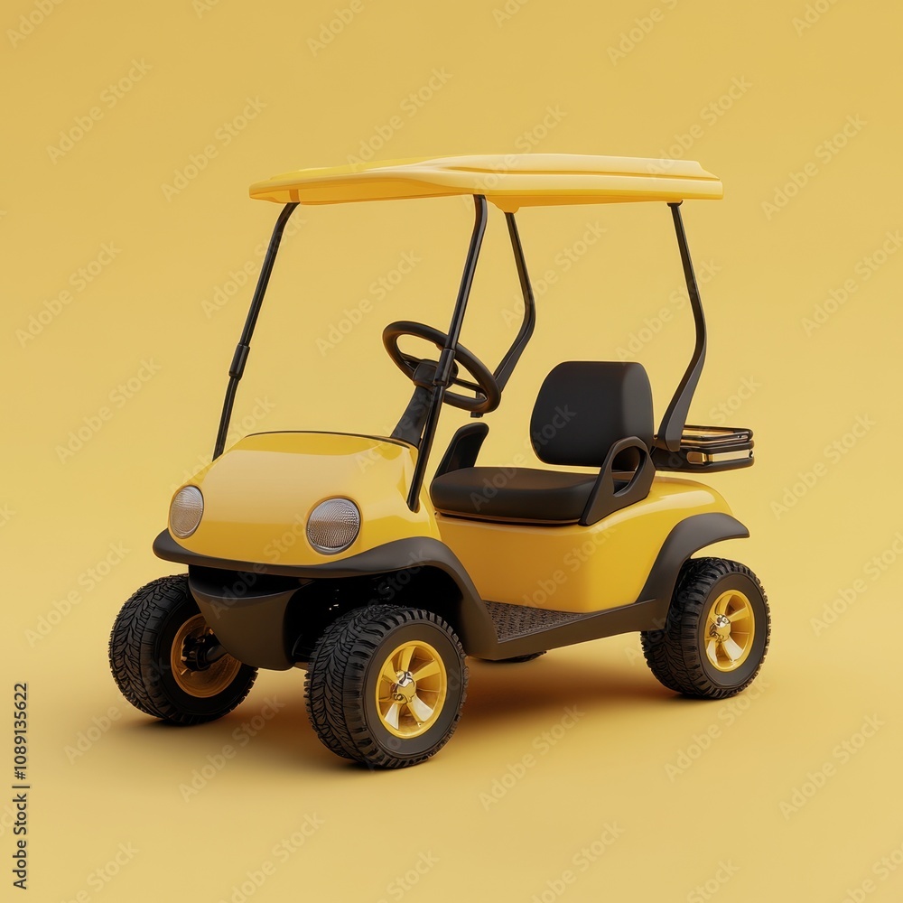Vibrant Yellow Golf Cart on Solid Colored Background Vibrant Yellow Golf Cart on Solid Colored Background