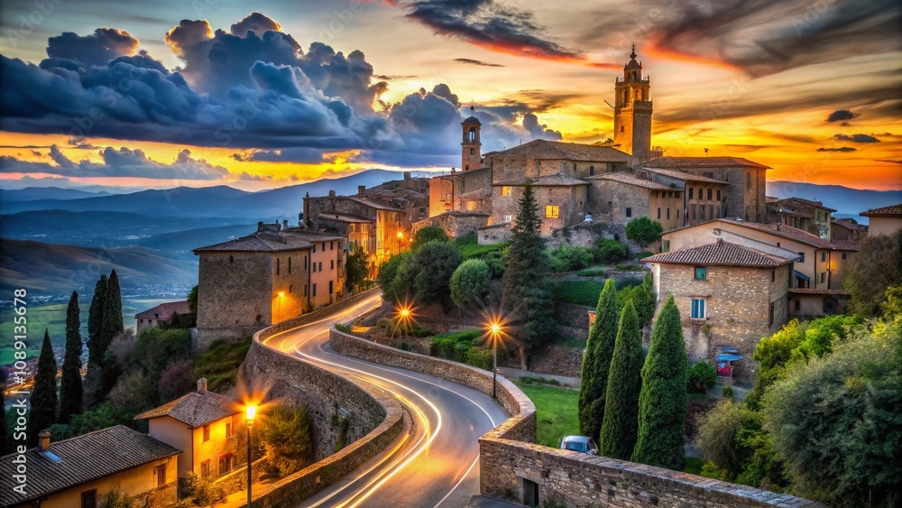 Fototapeta premium Captivating Long Exposure of Historic Buildings in Montalcino, Showcasing Timeless Architecture Against a Stunning Twilight Sky