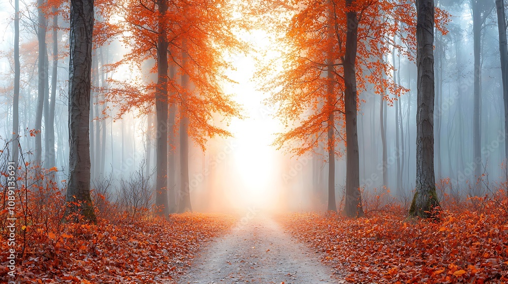 Obraz premium Autumn walk through misty forest path fall landscape nature photography serene atmosphere scenic view