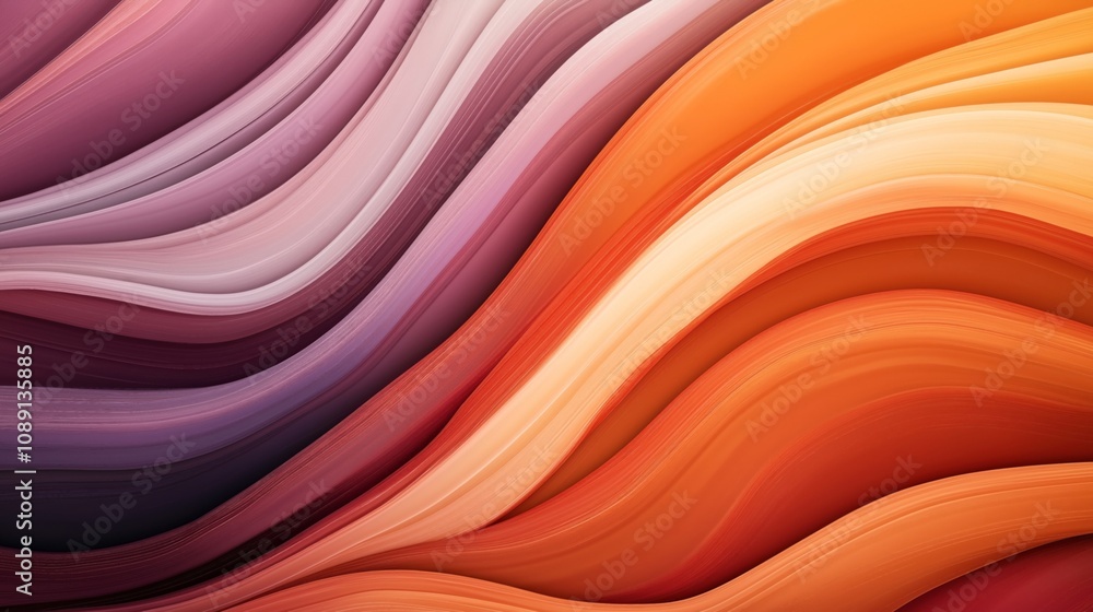 Obraz premium Abstract image featuring wavy layers of warm colors including orange, red, and purple, creating a smooth and flowing visual effect.