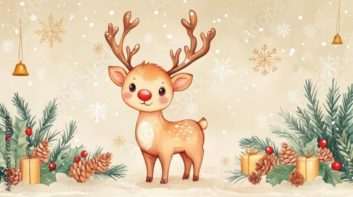 Cute reindeer for Christmas holiday greeting card design.