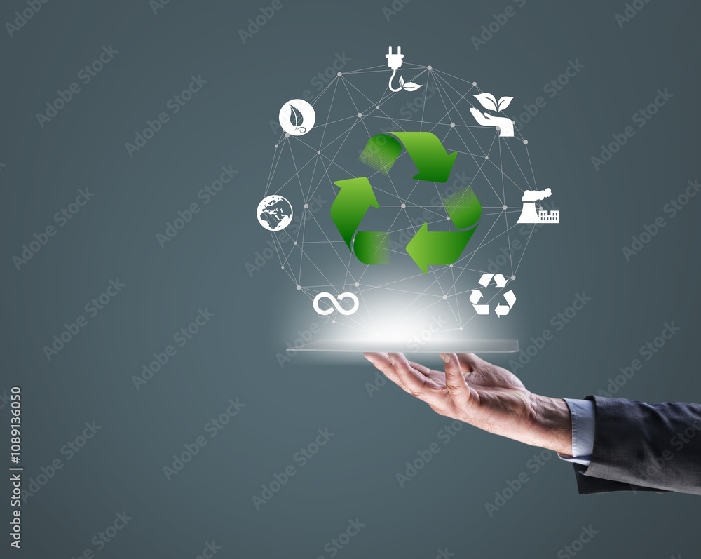 Recycling icon, symbol in human hand Recycling icon, symbol in human hand
