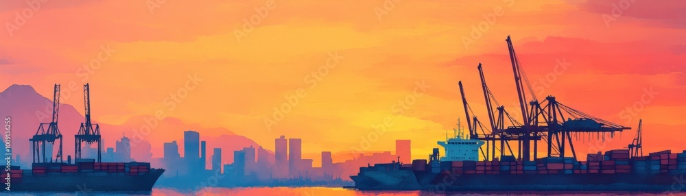Transportation and distribution concept featuring vehicles. A vibrant sunset casts colorful hues over ships and cranes at a busy port, with a silhouette of the city skyline in the background Transportation and distribution concept featuring vehicles. A vibrant sunset casts colorful hues over ships and cranes at a busy port, with a silhouette of the city skyline in the background
