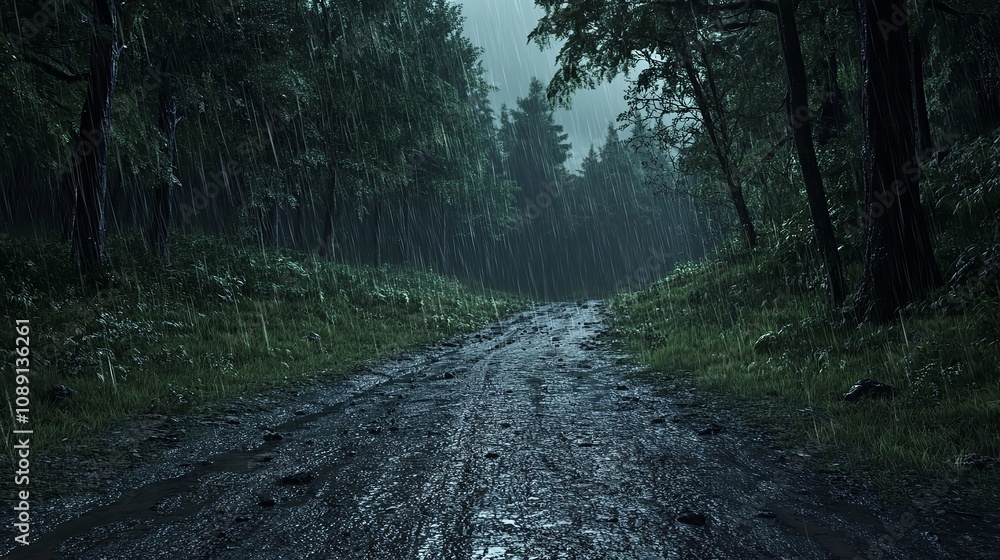 Fototapeta premium A Narrow Forest Trail During a Thunderstorm