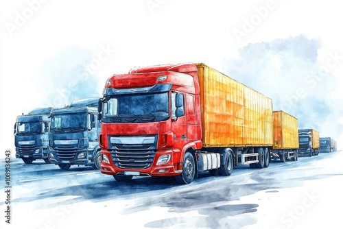 Transportation and distribution concept featuring vehicles. A vibrant watercolor illustration of trucks lined up, featuring a prominently colored red truck with yellow containers