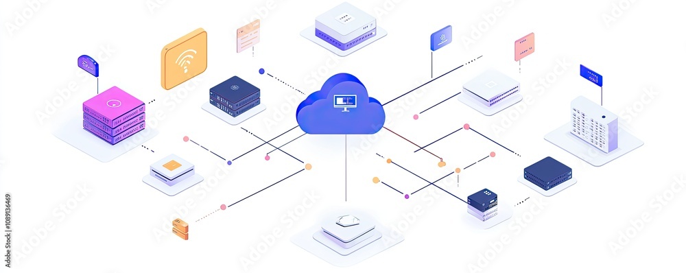 Simple flat design of cloud network architecture, visualizing virtual servers, security firewalls, and API connections Simple flat design of cloud network architecture, visualizing virtual servers, security firewalls, and API connections