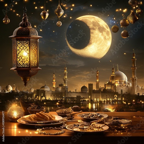 Eid Mubarak and Ramadan Kareem greetings with an Islamic lantern, moon, and a Muslim Arabic mosque in the background, generative ai photo