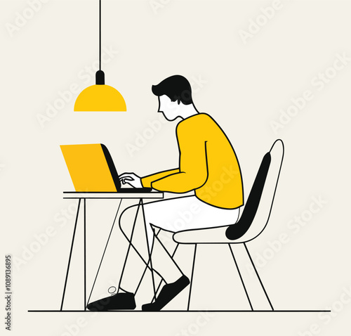 Line Art of a guy using laptop on work desk, corporate office boy