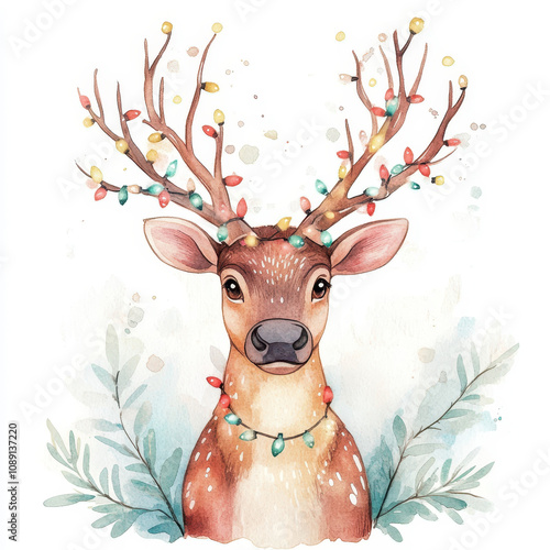 A whimsical illustration of a deer adorned with colorful lights, surrounded by foliage, perfect for festive themes. photo