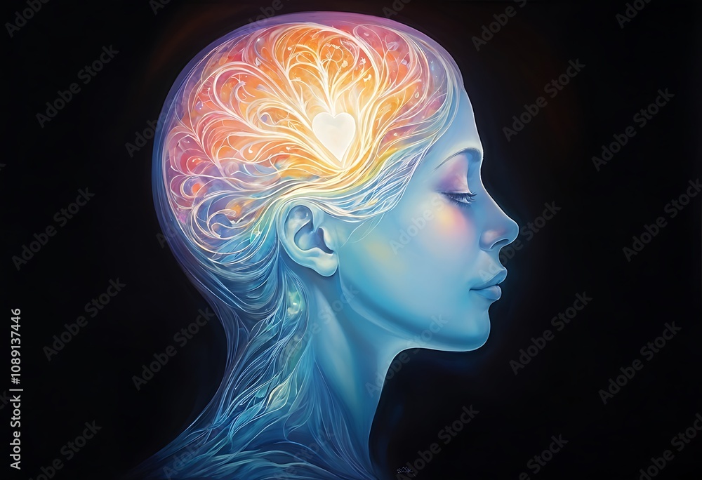 Silhouette of a Human Head with a Glowing brain and Pastel Swirls
Silhouette of a Human Head with a Glowing brain and Pastel Swirls