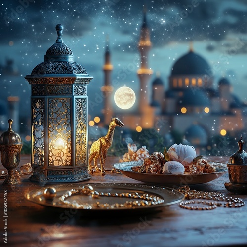 Eid Mubarak and Ramadan Kareem greetings with an Islamic lantern, moon, and a Muslim Arabic mosque in the background, generative ai photo