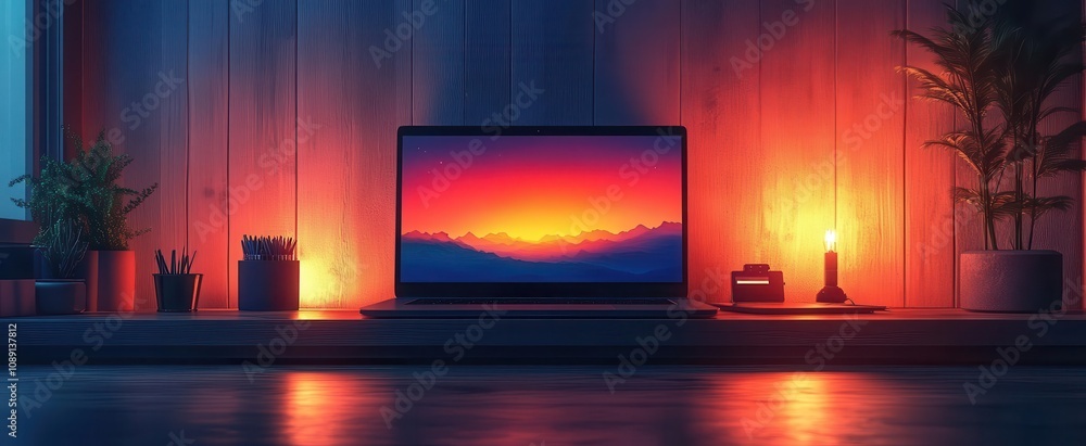 dynamic scene of a video streaming setup featuring a sleek laptop on a desk with colorful visuals on the screen creating an inviting atmosphere for online webinars dynamic scene of a video streaming setup featuring a sleek laptop on a desk with colorful visuals on the screen creating an inviting atmosphere for online webinars